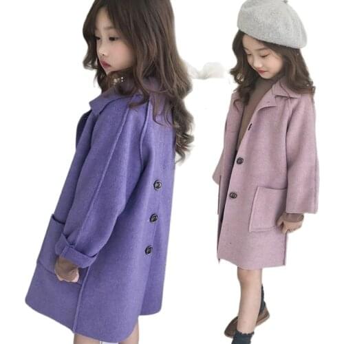 Winter Polyester Girl Woolen Coat Mid-Length New 2021 Korean Version Of Solid Color Overcoat Fashionable Childrens Clothing Hot