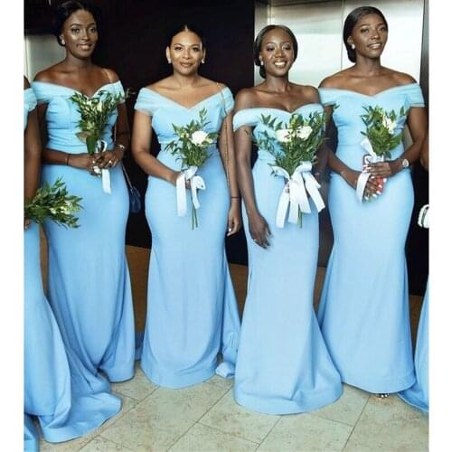 2021 Blue Off Shoulder Bridesmaid Dresses African Girls Long Mermaid vestido de fiesta de boda robe de soirée de mariage