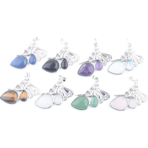 8Pcs/Lot Angel Goddess Pendants Teardrop Crystal Tigers Eye Lapis Natural Stone Beads Dangle Charms For Women Jewelry QBN426