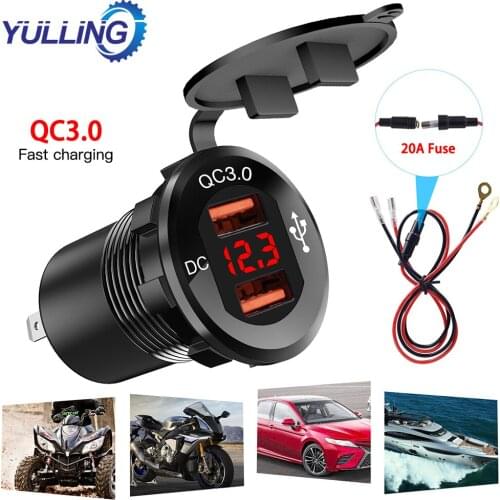 YULLING Aluminum Alloy Mobile Phone Fast Charger QC 3.0 Dual USB with Voltmeter Charger + 60cm Line Chargers Car Accessories