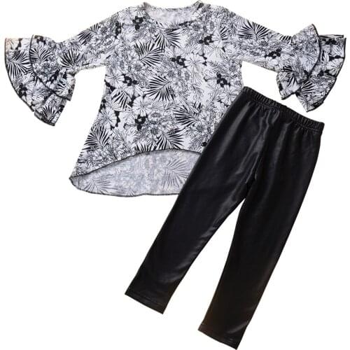 Kid Girl Autumn Winter Warm Clothes Set Flower Printed Round Neck Long Ruffle Sleeve Top Trousers Pants Clothes Set 3-7Years