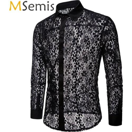 Men Fashion Pattern See-through Lace Shirt Party Clubwear Turn-down Collar Long Sleeve Button Shirts