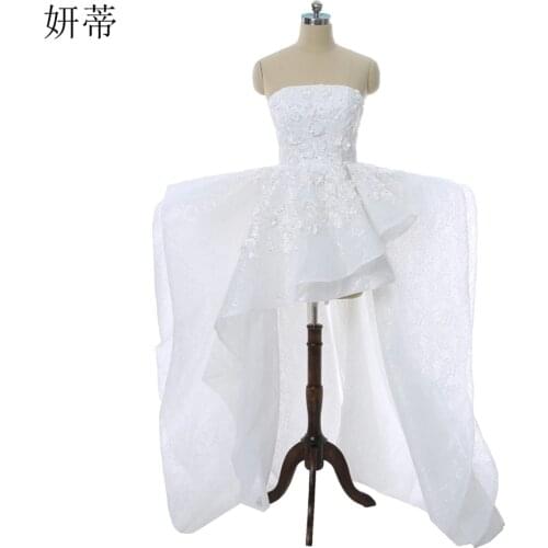 Elegant Strapless Lace Muslim Arabic Prom Dresses 2018 High Back Low Front Applique Ball Gown Formal Evening Red Carpet Gowns