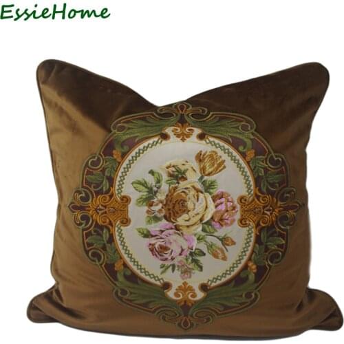 ESSIE HOME Luxury High End Brown Velvet Embroidery Cushion Cover Pillow Case Embroidery Rose Cushion