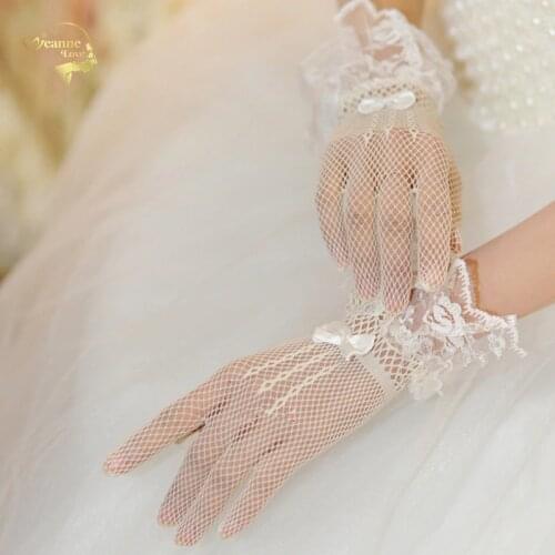 Bow Knot Short Wedding Gloves Bridal Gloves Mesh Lace Decoration Ultra Elastic Knitted Gloves Black White & Black Gloves G030