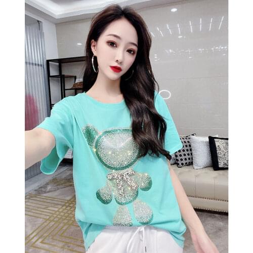 2021 Summer New Cartoon Hot Rhinestone Short-sleeved T-shirt Women Mercerized Cotton Top Women Fashion Tops Graphic Tee