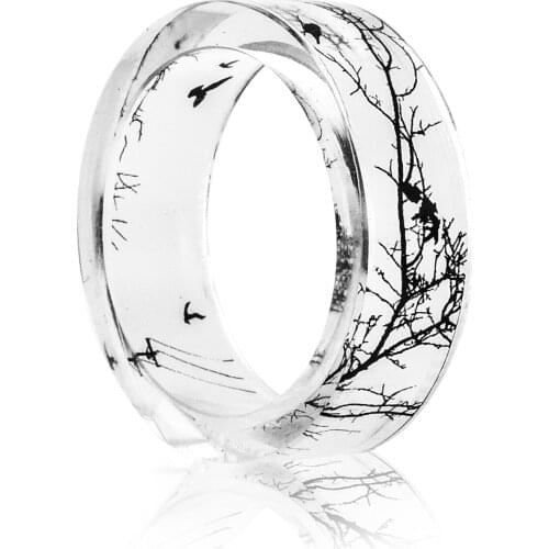 New Fashion Simple Lonely Bird and Branch Resin White Landscape Ring Forest Small Fresh DIY Hand-made Dry Flower Drop Glue Ring