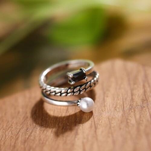 Antique Black Square Stone Wedding Ring Dainty Female Small Pearl Adjustable Ring 925 Sterling Silver Engagement Rings For Women