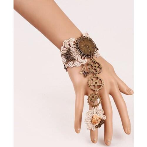 2020 new retro steampunk gloves women wrist equipment Victorian girl with ring gear clock hand bracelet with ring one chain hand