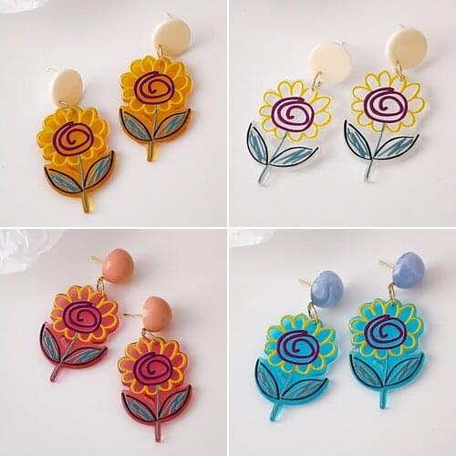 Hand Painted Style Sunflower Stud Earrings for Women Acrylic Cute INS Dangle Earrings Big Ear Decoration Jewelry Teens Gift 2021