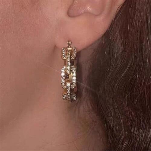 TIMEONLY Fashion Hollow Chain Splicing Toggle Clasp Hoop Earring Bling Rhinestone Earrings Exaggerated Jewelry for Women Girl