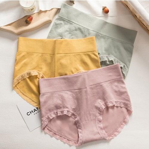 Wasteheart Women Fashion Yellow Pink Green Sexy Cotton Mid Waist Panties Lace Underwear Lingerie Women Briefs Underpants M L XL