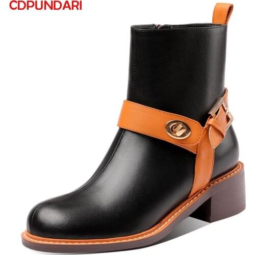 Black Genuine Leather Med Heels West Ankle Boots For Women Autumn Winter Punk Short Boots Shoes Bottine Femme Botines Mujer