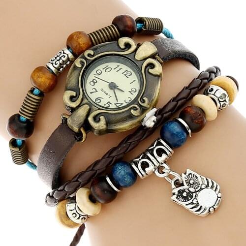 Gnova Platinum Genuine Leather silvered OWL Bracelet Watch women Bronze dial reloj indian ethnic girl Fashion wristwatch relogio