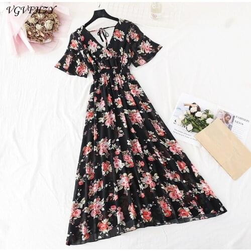 2020 V Neck Floral Print Summer Dress Long Chiffon Party Women dress Short sleeve Casual Elegant Pleated Beach Holiday Dresses