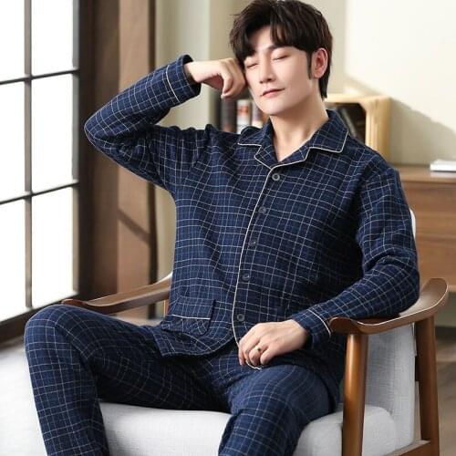 Winter Plaid Pyjamas Male Cardigan Thin Quilted Air Cotton Interlayer Mens Pajamas Set Sleepwear Big Size Cotton-Padded Pijamas