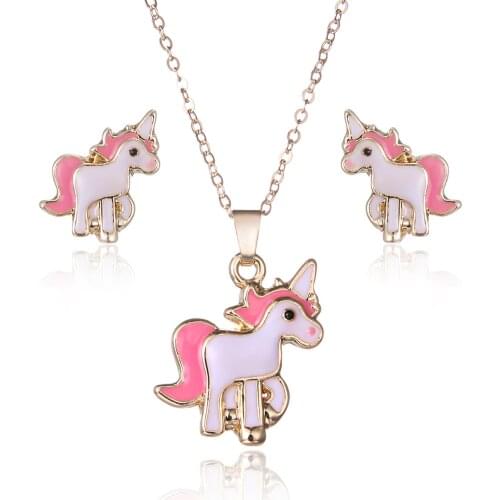 2pcs/Set Cute Rainbow Unicorn Jewelry Set Print Childrens Necklace Ring Jewelry Set Cartoon Animal Jewelry Pink Birthday Gift
