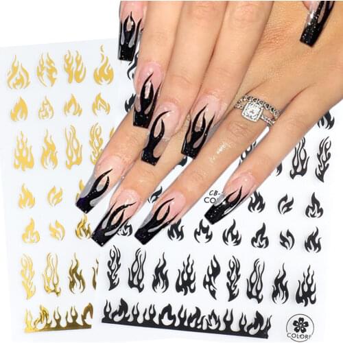3D Holographic Fire Flame Nail Stickers Slider Gold Black Summer Manicure Decals DIY Nail Art Decorations Decor Tool GLCB205