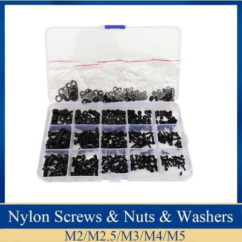 510Pcs M2 M2.5 M3 M4 M5 Nylon Hex Screw Bolt Nut Standoff Spacer Assortment Kit Black washer Plastic Nut