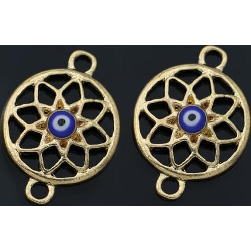 JAKONGO Gold Color Dreamcatcher Blue Eye Connector fit Jewelry Making Bracelet Accessories DIY Craft 22*16mm 6pcs
