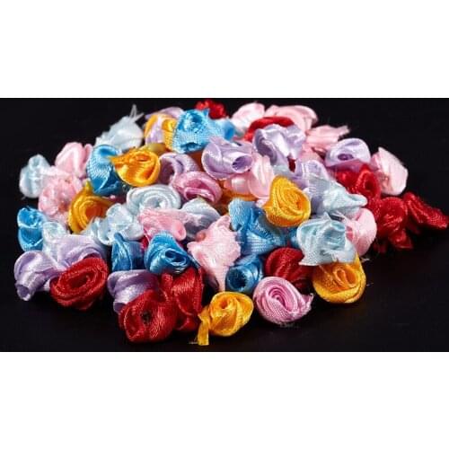 NHBR 100PCS/Lot Mini Handmade Satin Rose Ribbon Rosettes Fabric Flower Appliques For Wedding Decoration Craft Sewing Accessories