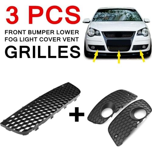 Car Front+Left+Right Bumper Lower Fog Light Vent Grille Fit for VW POLO-GTI 06-09 MK4 9N3 ABS Black Auto Replacement Parts