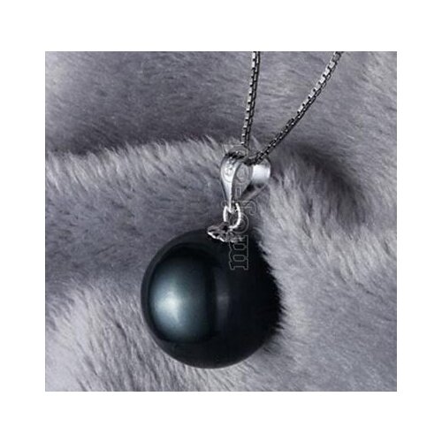Free shipping 12mm natural round tahitian black pearl necklace 18inch silver