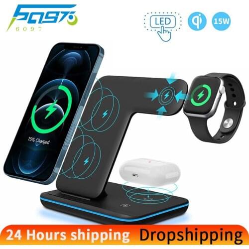 3 in 1 Wireless Charger Fast Charging Station for iphone Samsung Qi Phone and Iwatch Tws Earphone Portable Charge Led Light