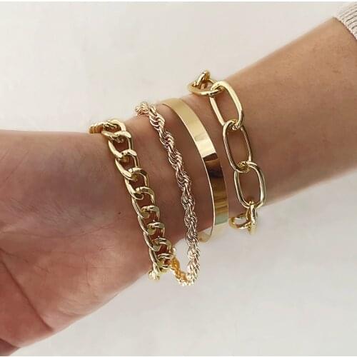 Boho Thick Gold Color Charm Bracelets Bangles 2021 New Fashion Jewelry 4pcs Punk Curb Cuban Chain Bracelets Set for Women Gifts