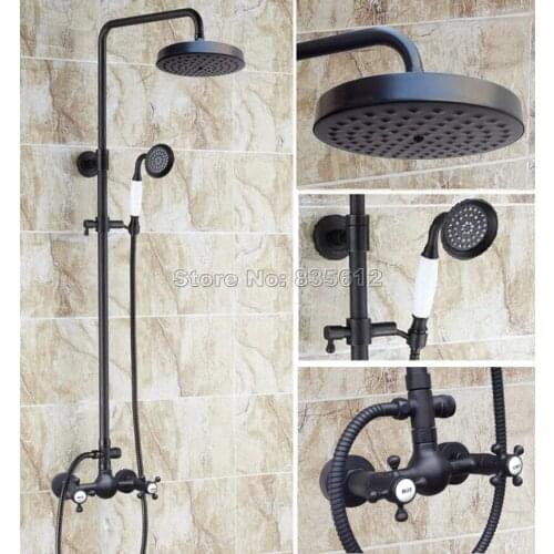 Black Oil Rubbed Bronze Wall Mounted Bathroom Rain Shower Faucet Set with Round Shower Head + Dual Handles Mixer Taps Wrs495