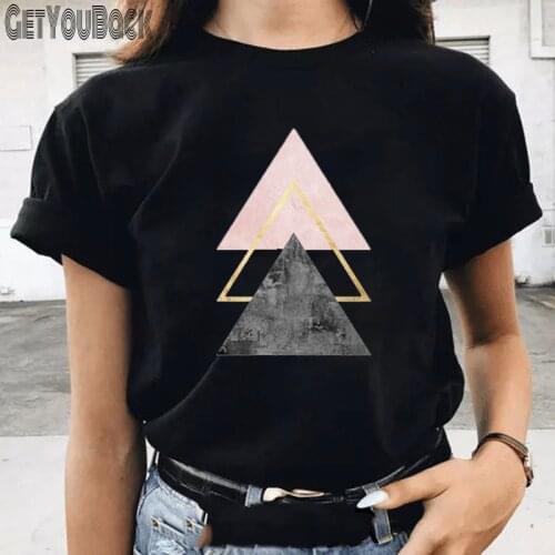Women Funny Three Triangle Print Black T-shirt Summer Girl Harajuku 90S Tops Tee Female Cute Clothes,Drop Ship
