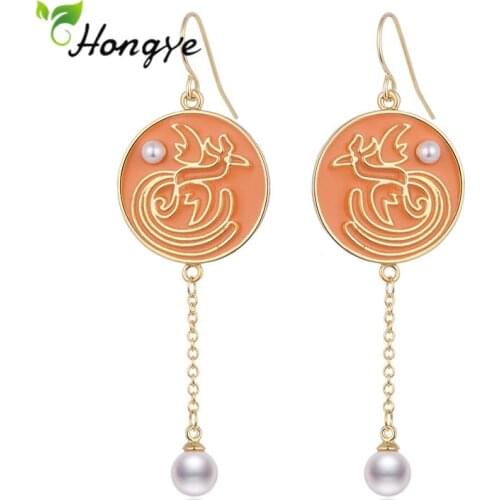 Hongye 2020 Round Pearl Drop Earrings For Women Bird Pattern Circle Fashion Punk Orange Lacquer Fine Jewelry Brincos Hot Sale