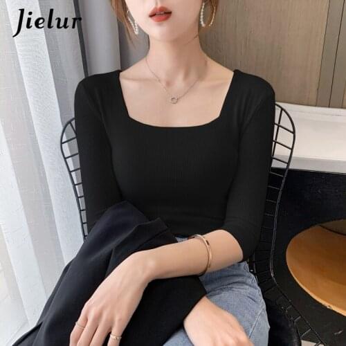 Jielur Black Womens T-shirt Three-quarter Sleeve Slim Base Shirt Tee Shirt Square Collar Casual Lady White Top Woman Clothes