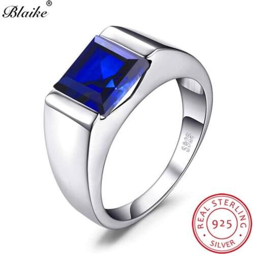 Solid s925 Sterling Silver Rings For Men Women Square Blue Sapphire Stone Wedding Bands CZ Promise Engagement Ring Male Jewelry