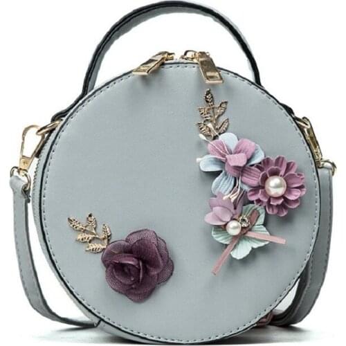 Flower Sweet Shoulder Bags Women PU Leather Messenger Bag Girls Crossbody Bag Floral Small Round Satchel Handbags for Teenage Q3