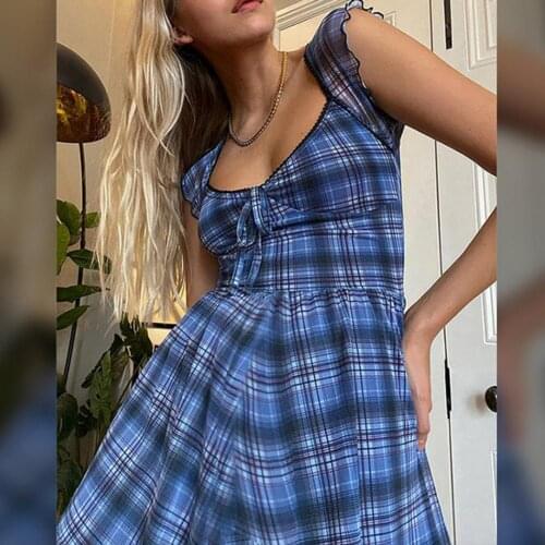 Summer Lattices Pattern A-Line Short Sleeve Mini Dress Women Dresses Square Neck All-matched Bow Skin-friendly Mini Dress 2021