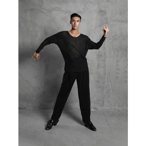 ZYMdancestyle Move Through Body Shirt #20606 Mens latin dance wear rumba black oversized semi-transparent style round neck