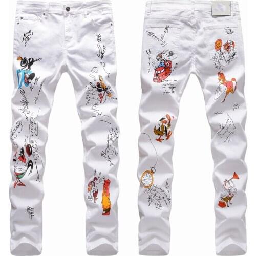 MenS Pants Jeans Streetwear White Printing Slim Denim Trousers Biker High Quality Male Straight Casual Designer Comfortable