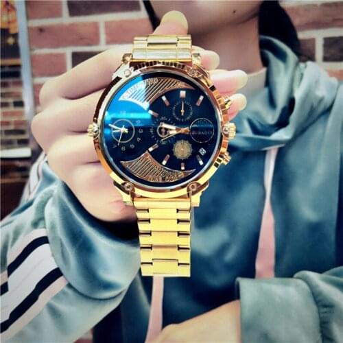 Brand Dual Time Display Business Watches for Men Gold Steel Strip Sport Quartz Military Chronograph Wristwatch Relogio Masculino