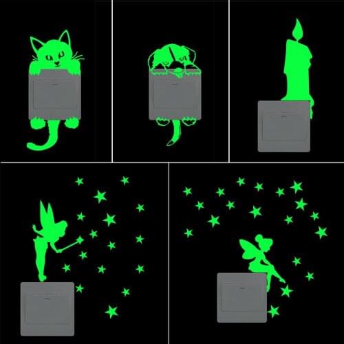 New Green-light Luminous Switch Sticker Home Decor Cartoon Glowing Wall Stickers Dark Glow Decoration Sticker Cat Cute Creative