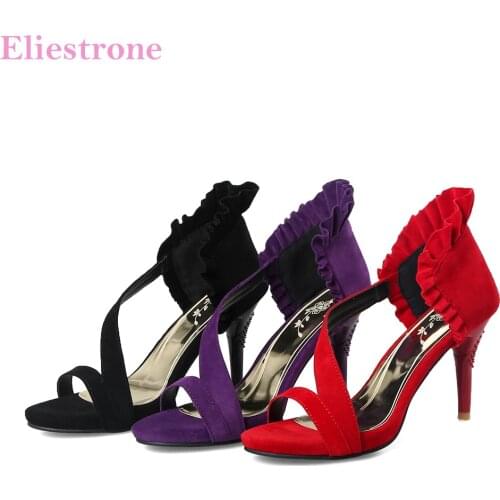 Brand New Sales Elegant Black Purple Women Nude Sandals Ruffles Red Lady Party Shoes Stiletto Heel AY106 Plus Big Size 32 43 10