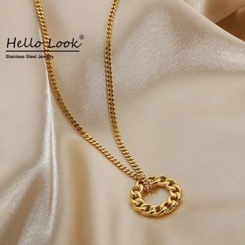 HelloLook Punk Hollow Twist Circle Chain Necklace Women Stainless Steel Circle Braided Long Pendant Necklace Choker Jewelry