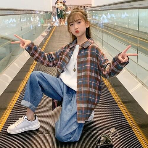 Girls Fashion Casual Shirt 2021 New Spring And Autumn Girls Plaid Shirt Girl Button Cardigan Long-sleeved Cotton Top 6-12 Years