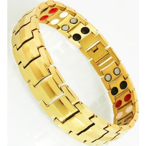 Gold Plated Stainless Steel Mens Bracelets On Hand Health Care 4 In 1 Therapy Magnetic Bangles Homme Armband Male Jewelry Gift