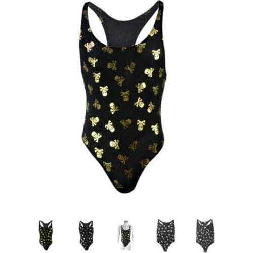 Sexy mens bodyshaper underwear flash gold silver skull print stretchable man bodysuit vest panties ZJH0875L