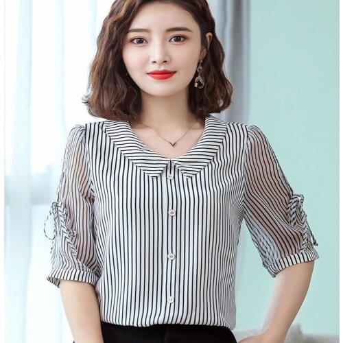 Spring Summer Women Half Sleeve Casual Chiffon Blouses Shirts Doll Collar Loose Fashion Tops Stripe BlusasDM0120