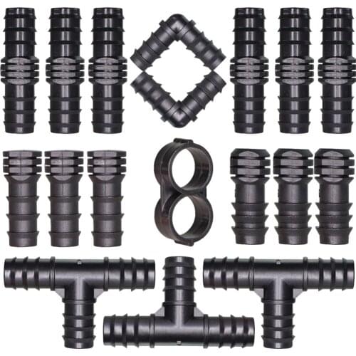 16 20 25mm Garden Irrigation Tubing Barbed Connector Hose Fitting Tee Elbow Equal Barb Couplings End Plug Micro Drip Adapter