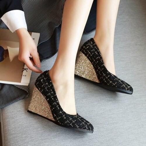 Large Size 43 Glitter Wedge Shoes Women High Heels Slip On Office Shoes Ladies Pumps Elegant Shoes Women Heels