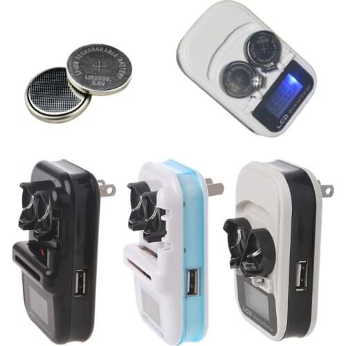 2 Slot LIR2032 Button Battery Charger Digital LCD Power Display USB Port US Plug
