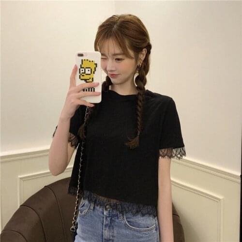 Woman TShirts Lace Stitching 2021 Summer Loose Short Short Sleeve T-shirt Womens Blouse Crop Top Mujer Camisetas